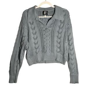 Alp-n-Rock Karin Polo Sweater Sz L Light Blue Pointelle Cotton Collared Cropped